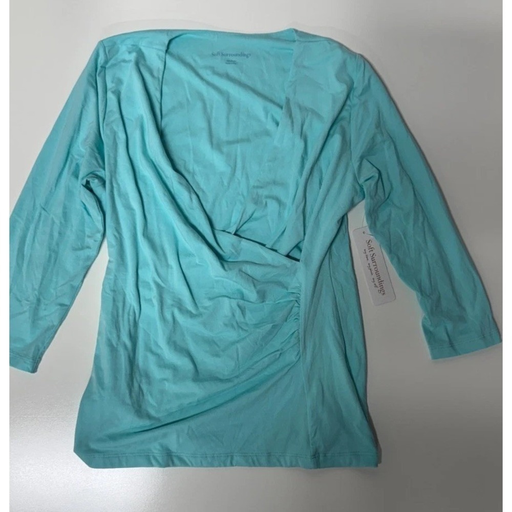 Soft Surroundings Womens Blue V-Neck Wrap Shirt 3/4 Sleeve Knit Top Size M
